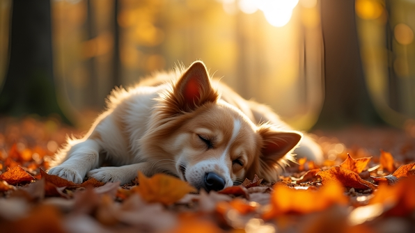 Cozy Dog Resting on Autumn Leaves in Forest