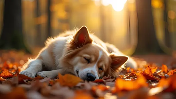 Cozy Dog Resting on Autumn Leaves in Forest