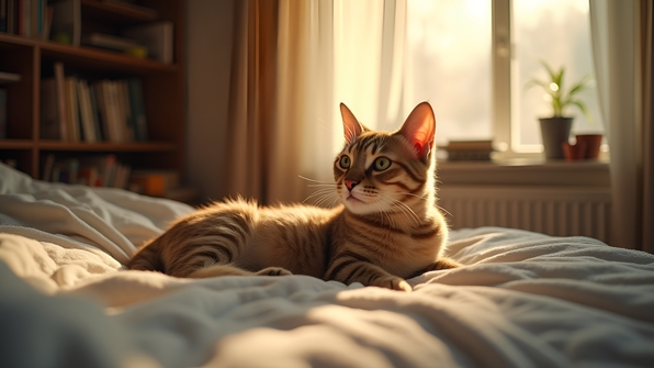 Cozy domestic cat comfortably resting on a soft bed with warm sunlight in a peaceful bedroom