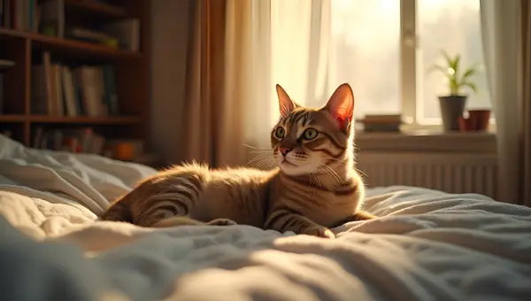 Cozy Domestic Cat Resting On Soft Bed