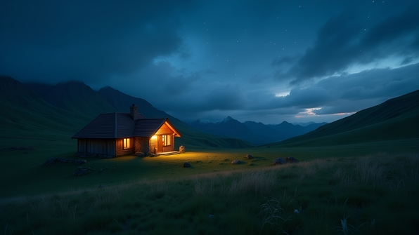 Cozy house lights glowing warmly amid rolling green hills under a twilight sky with scattered stars