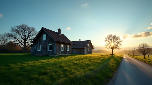 A cozy house near a rustic wooden shed on lush green grass by a quiet country road under a clear blue sky