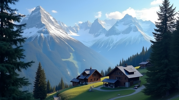 Cozy houses with sloped roofs nestled at the base of snowcapped mountains in a serene alpine landscape