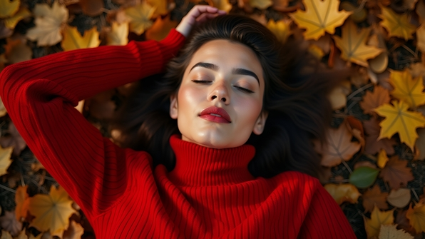 A woman in a cozy red sweater lies peacefully among golden dried autumn leaves scattered on the ground