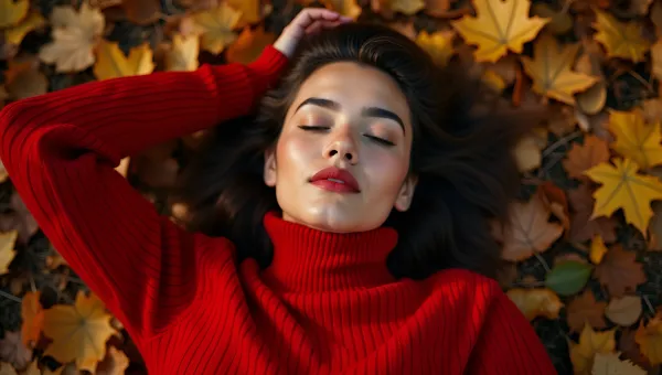 Cozy Red Sweater Woman Among Autumn Leaves