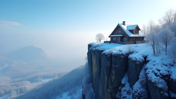 A cozy snow-covered house perched on a rugged cliff overlooking a vast winter landscape