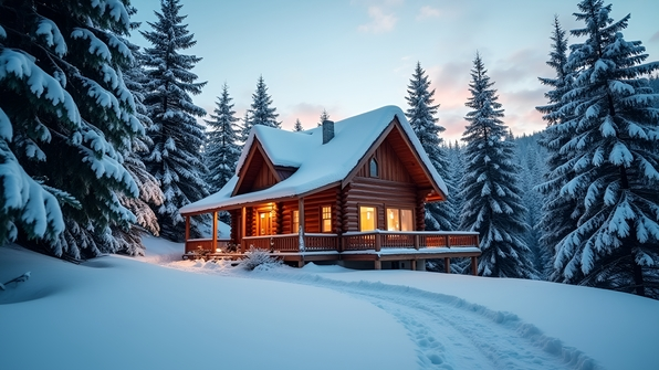 Cozy wooden cabin nestled near a dense snowy pine forest under a clear winter sky
