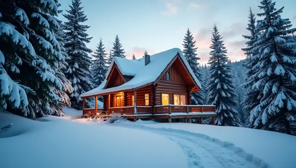 Cozy Wooden Cabin Near Snowy Pine Forest