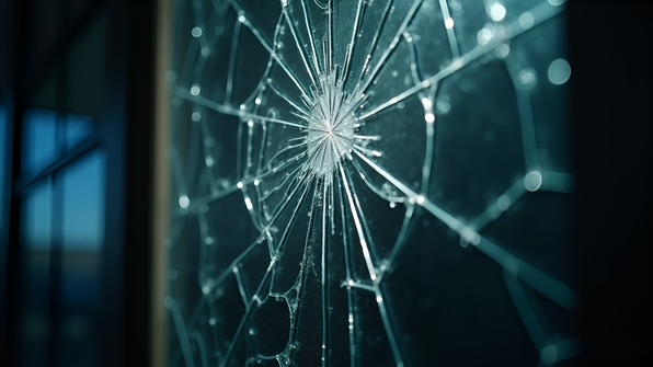 Close-up of a cracked glass panel showing detailed fracture patterns and light reflections on sharp edges