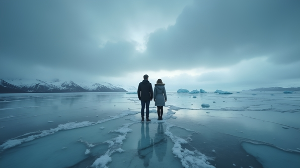 A man and woman stand on cracked sea ice beneath a gloomy gray sky with snowy mountains in the background