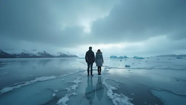 Cracked Sea Ice With People Amid Frozen Landscape