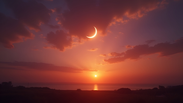 A glowing crescent moon hangs low in a vibrant sunset sky with warm orange, pink, and purple hues over a calm landscape