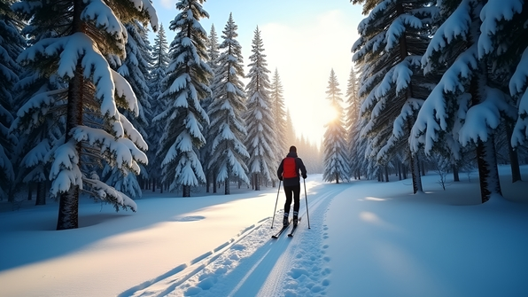Cross-Country Skier Gliding Through Snowy Forest