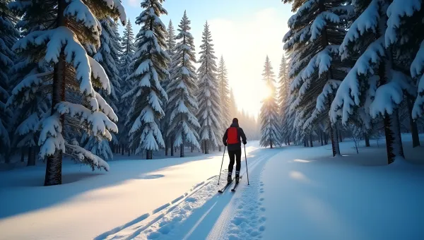 Cross-Country Skier Gliding Through Snowy Forest