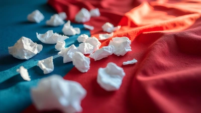 Crumpled White And Blue Paper On Red Fabric