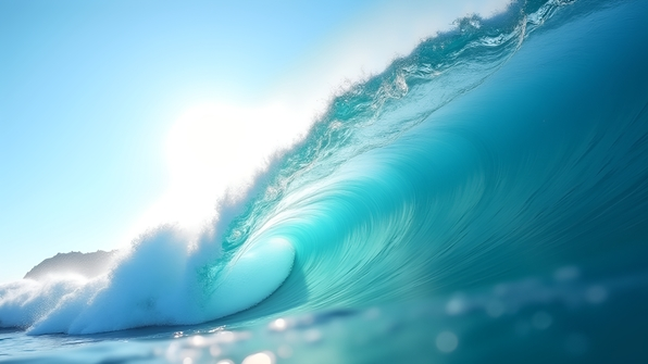 A dynamic, translucent wave of crystal clear ocean water curling powerfully under bright sunlight