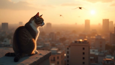 Curious Cat on Rooftop Overlooking Cityscape