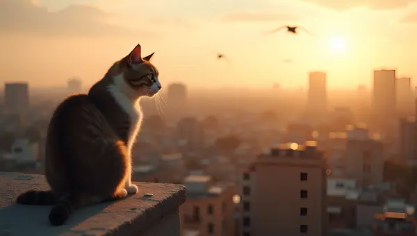 Curious Cat on Rooftop Overlooking Cityscape