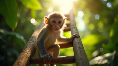 Curious Monkey Climbing Wooden Ladder Outdoors