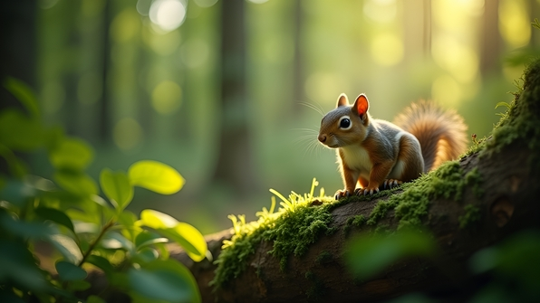 A curious squirrel perched on a moss-covered log in dense green forest foliage under soft natural sunlight