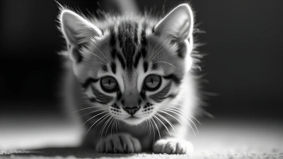 Curious Tabby Kitten Close-Up In Black And White