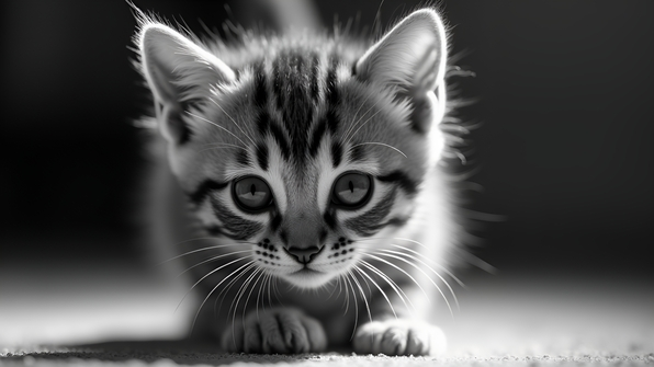 Close-up of a curious tabby kitten with striking stripes and bright eyes in black and white