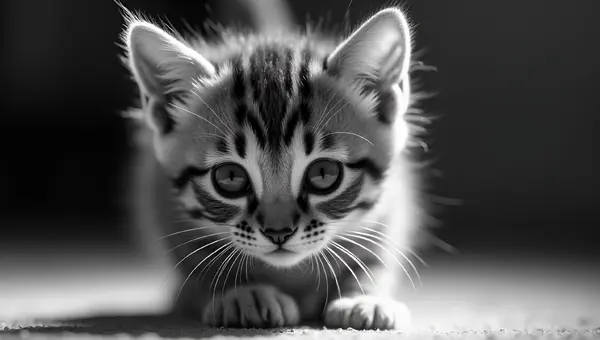 Curious Tabby Kitten Close-Up In Black And White