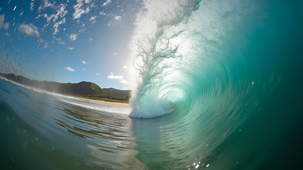 View from inside a curling barrel wave at Ngarunui Beach with sunlight filtering through turquoise water and sandy shore