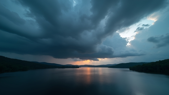 Dark gray nimbus clouds gather densely over a calm lake at dusk reflecting moody skies