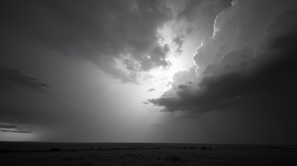 Dark swirling storm clouds rolling across a vast open sky in black and white