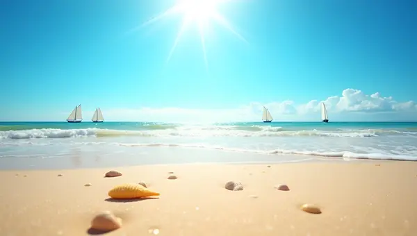 Daytime Beach Scene With Golden Sand And Sailboats
