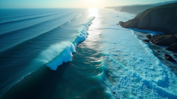 Aerial view of deep blue ocean waves gently rolling and crashing with white foam patterns under bright sunlight