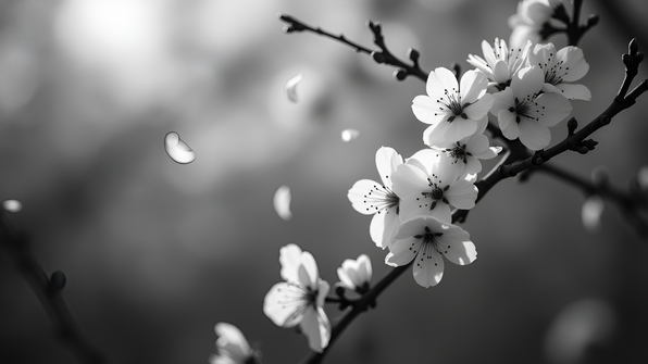 High-contrast grayscale photograph of delicate cherry blossom branches blooming against a soft blurred background