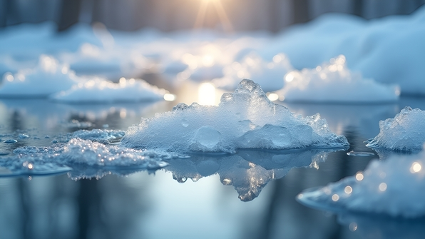 Close-up of delicate ice crystals forming intricate patterns on smooth, glassy water surface