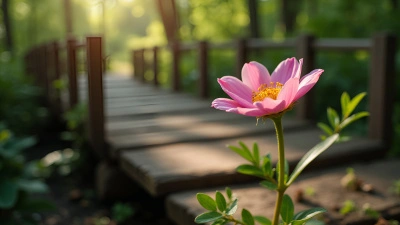 Delicate Pink Flower Blooming Near Rustic Wooden Bridge