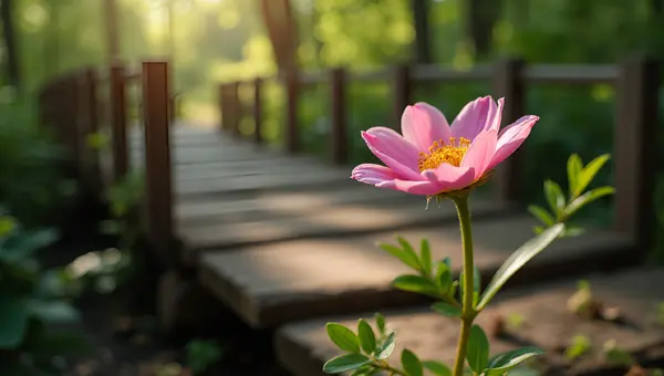 Delicate Pink Flower Blooming Near Rustic Wooden Bridge