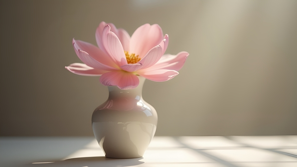 Close-up of a delicate pink flower elegantly arranged in a simple ceramic vase with a softly blurred neutral background