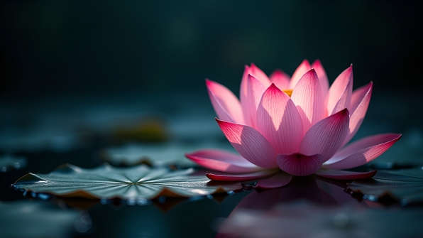 Close-up low-light image of a delicate pink lotus flower with soft shadows and water reflections on a dark pond