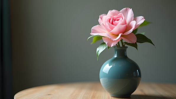 Close-up of a delicate pink-petaled flower elegantly arranged in a glossy blue ceramic vase