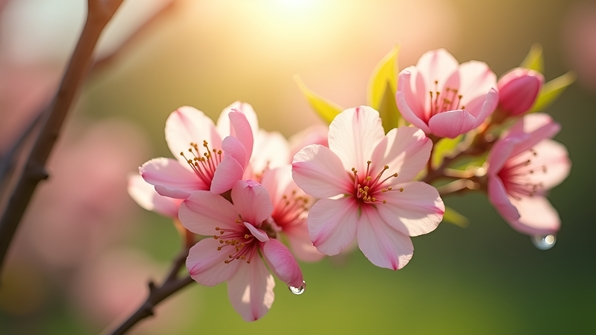 Close-up of delicate pink and white blossoms blooming vibrantly in bright daylight