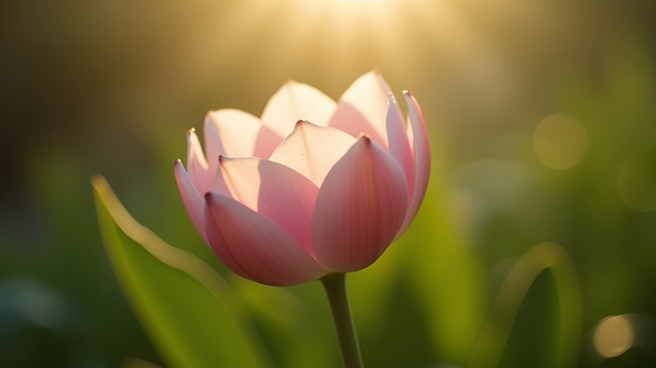 Close-up of a delicate pink and white flower with soft lighting and a blurred green garden background