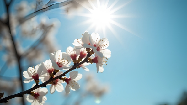 Delicate White Blossoms on Sunlit Tree Branch