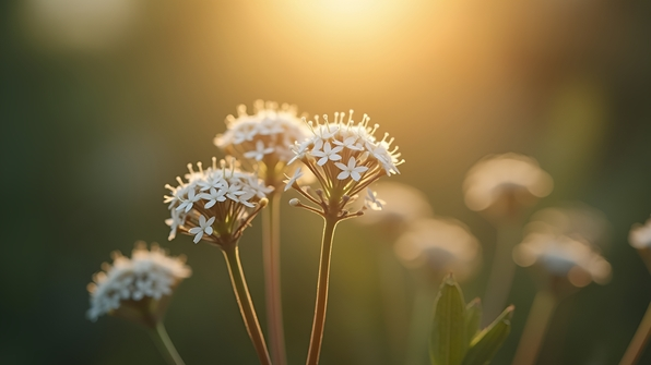 Close-up of delicate white flowers blooming on slender brown stems in a soft, blurred natural background