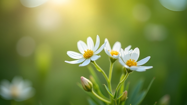 Close-up of delicate white flowers with soft petals blooming vibrantly against a blurred natural green background in bright daylight