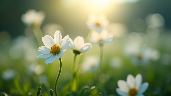 Close-up of delicate white flowers with tilt-shift lens showing sharp focus on blossoms and blurred background