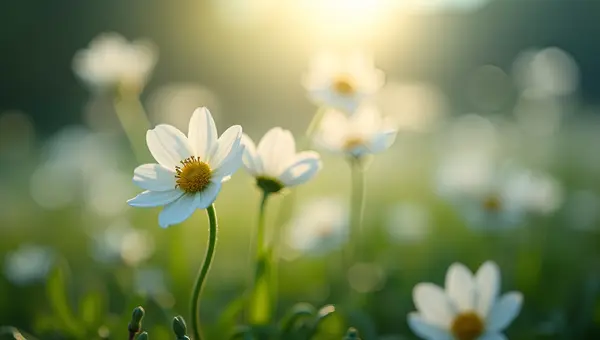 Delicate White Flowers Close-Up With Tilt-Shift