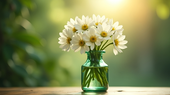 Delicate white flowers arranged in a translucent green glass bottle with a soft, blurred natural background and gentle sunlight