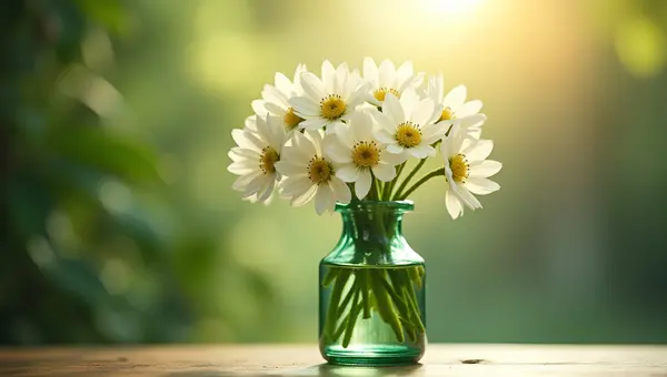 Delicate White Flowers In Green Glass Bottle
