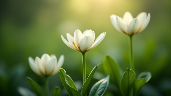 Close-up of delicate white flowers with soft petals and vibrant green leaves against a blurred natural background