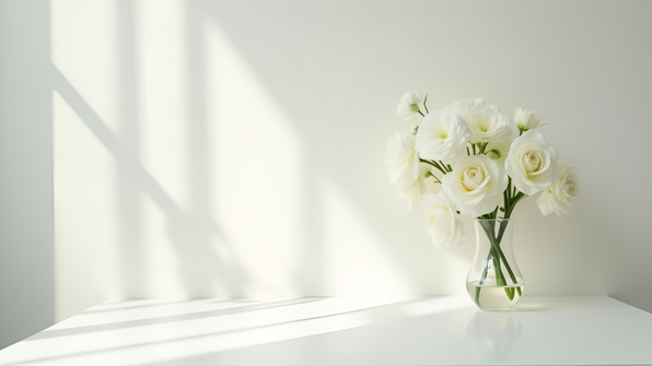 Delicate white flowers elegantly arranged on a minimalist white table with soft natural lighting